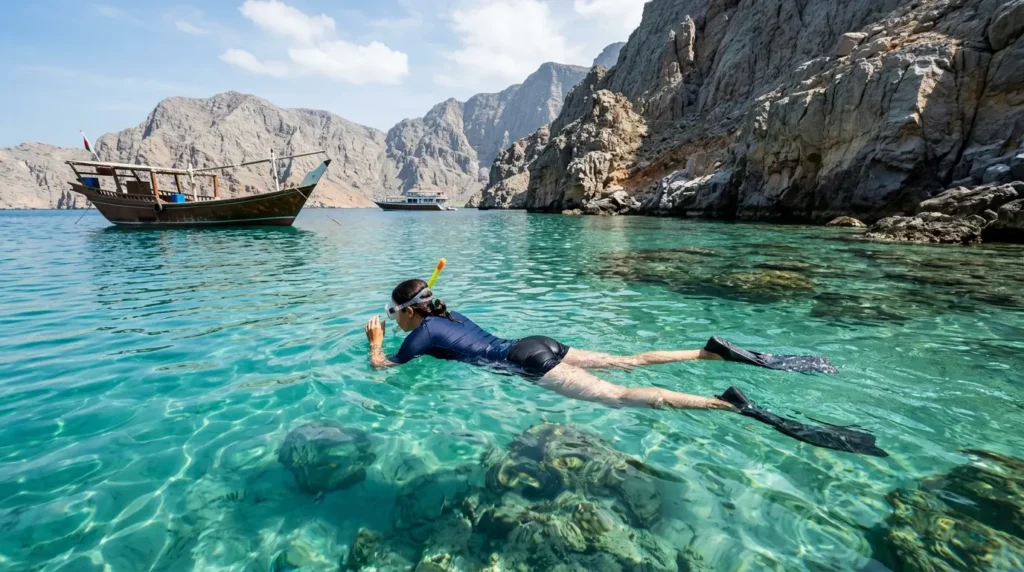 Boat with snorkeler above coral reef at Musandam snorkeling spots in clear blue mountain water sea
