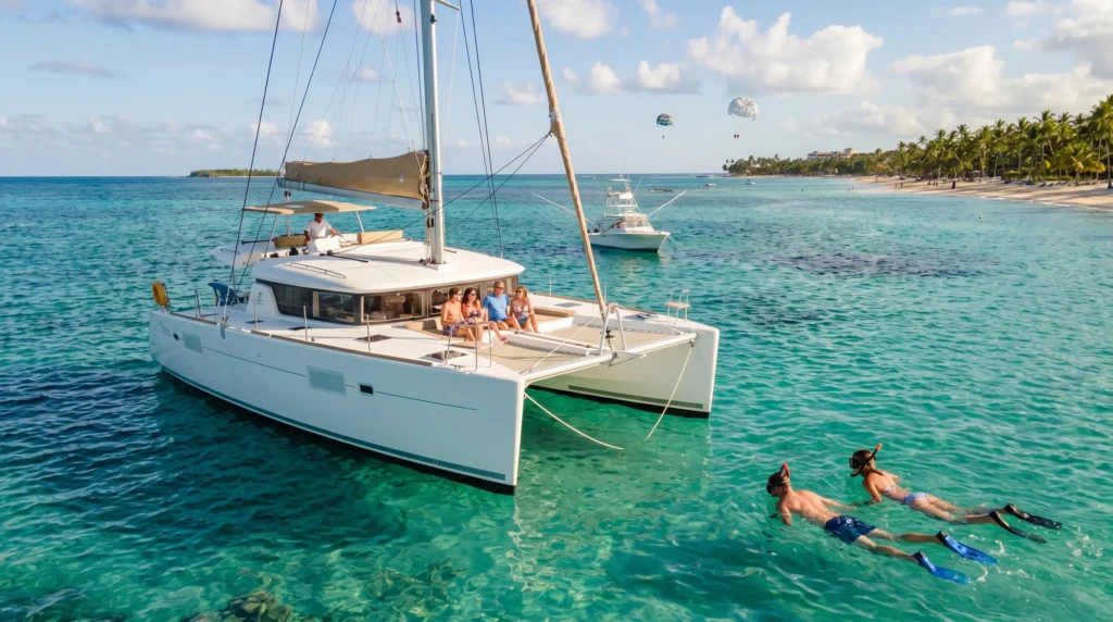 Luxury catamaran and snorkelers enjoying clear turquoise waters in Punta Cana