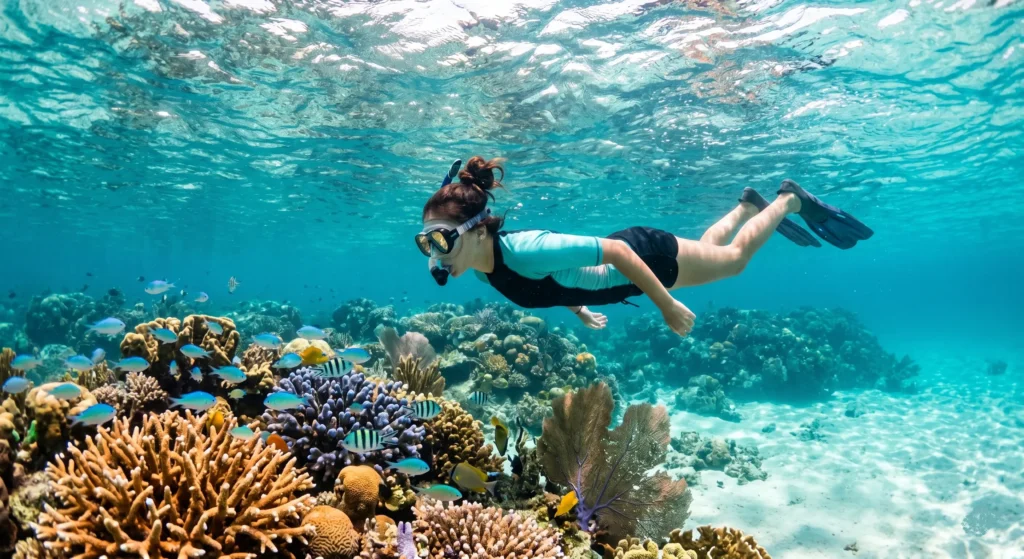 Snorkeling over a vibrant coral reef in crystal-clear turquoise water, one of the best things to do in Punta Cana on the water