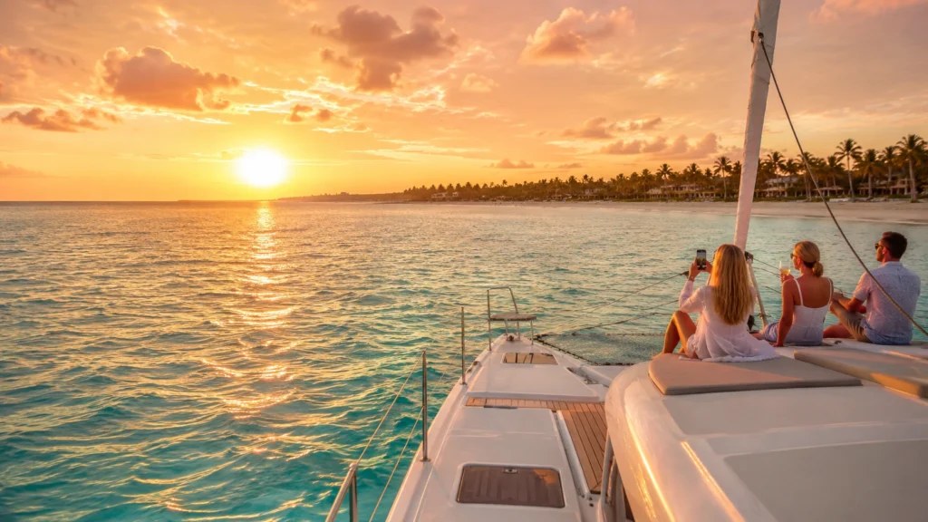 Punta Cana sunset cruise catamaran with golden ocean views and tropical coastline.