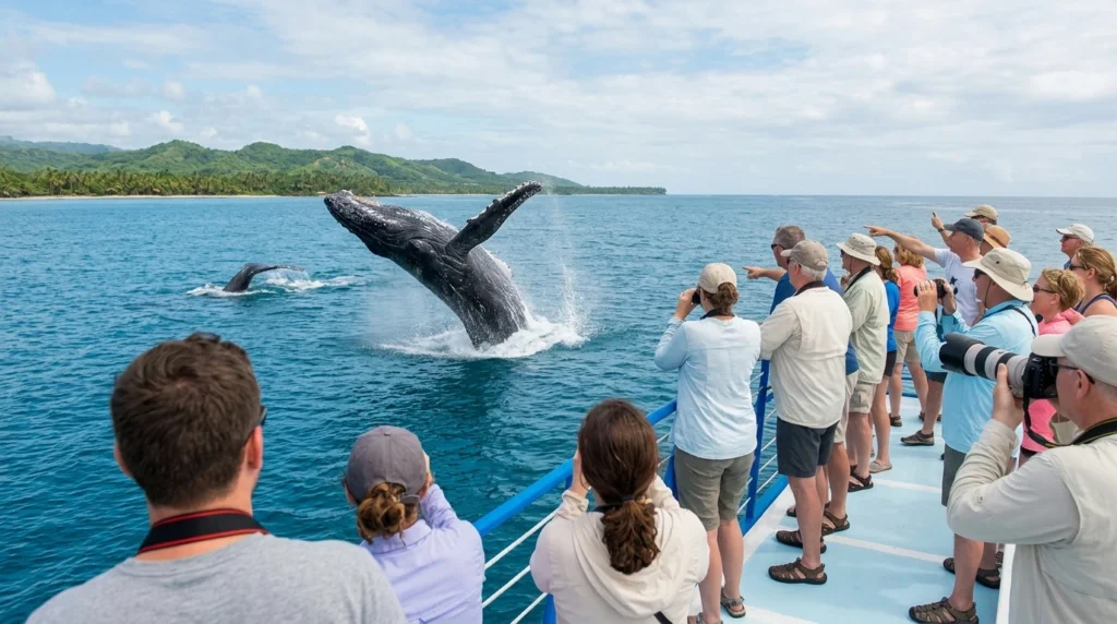 Tourists on a boat enjoy whale watching Punta Cana as a humpback breaches