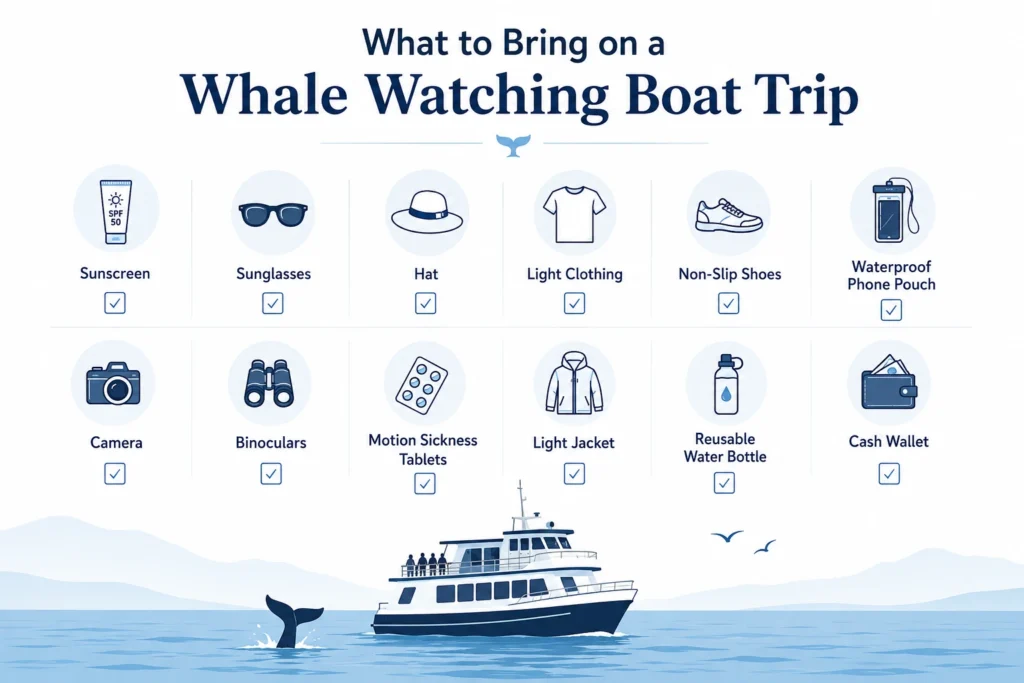 Whale watching boat trip packing checklist infographic with essential travel items and ocean background.