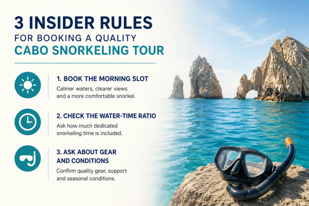 Minimalist landscape infographic showing three insider tips for booking a quality Cabo snorkeling tour, featuring icons for morning departures, snorkeling time, and gear checks alongside a scenic ocean view of El Arco rock formations and snorkeling equipment.