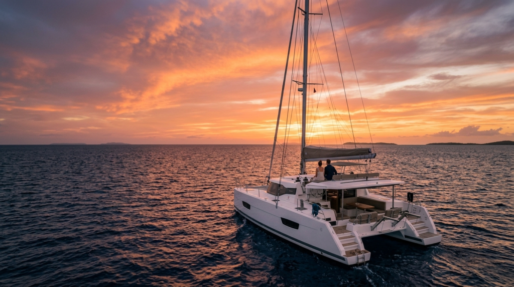 Luxury catamaran sailing across the Caribbean Sea at sunset with two travelers viewed from behind, enjoying a peaceful private boat adventure on open water.