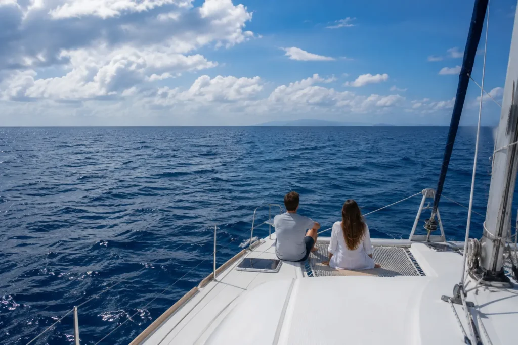Couple relaxing on the deck of a luxury catamaran in the deep Caribbean Sea, enjoying the freedom and privacy of a Caribbean private boat tour.