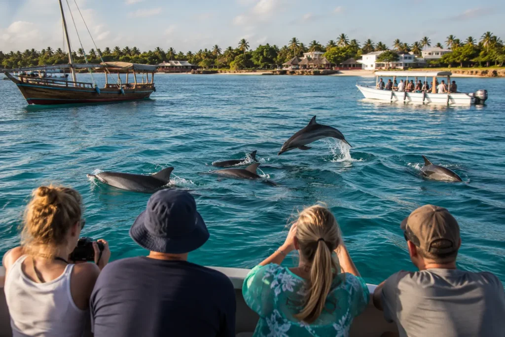 Travelers enjoying a Zanzibar dolphin tour in Kizimkazi as wild spinner dolphins swim through the clear turquoise waters near the southern coast of Zanzibar.