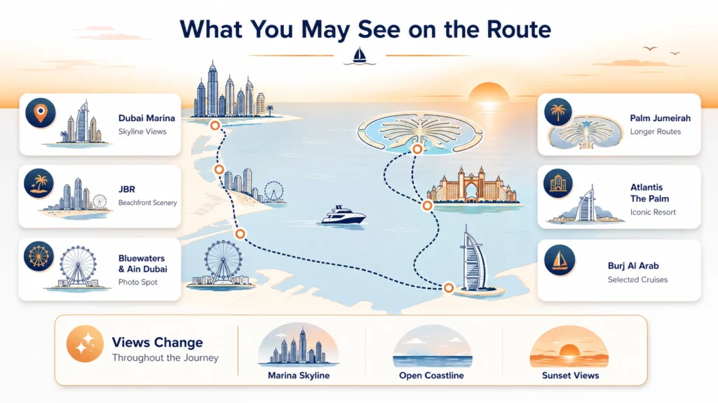Minimalist infographic of a Dubai sunset cruise route featuring Dubai Marina, JBR, Bluewaters, Palm Jumeirah, Atlantis The Palm, and Burj Al Arab connected by a dotted sailing path.
Clean vector illustrations highlight changing views from the marina skyline and open coastline to stunning sunset scenery.