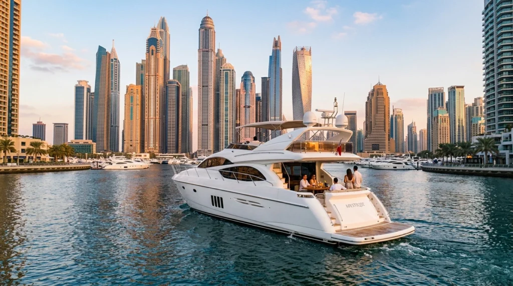 Luxury white yacht cruising along Dubai Marina skyline at sunset, showcasing a Dubai private yacht rental experience