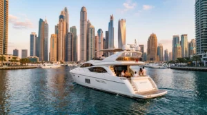 Luxury white yacht cruising along Dubai Marina skyline at sunset, showcasing a Dubai private yacht rental experience