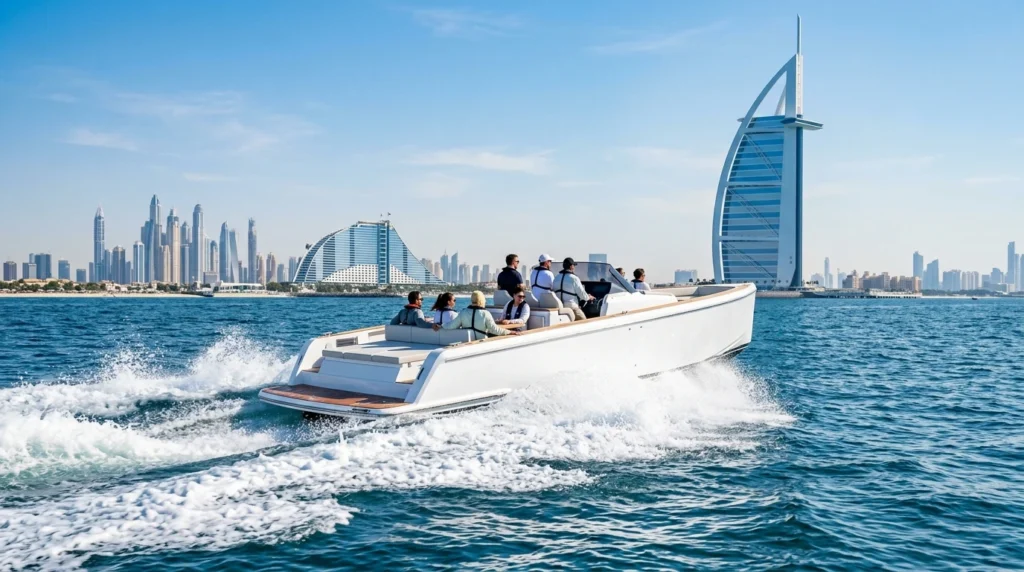Speedboat racing near Burj Al Arab and Dubai coastline, a fast sightseeing alternative to Dubai private yacht rental