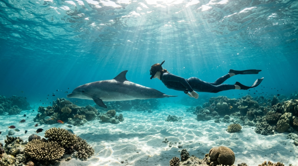 Snorkeler enjoying a Zanzibar dolphin tour while observing a wild dolphin in crystal-clear tropical waters.