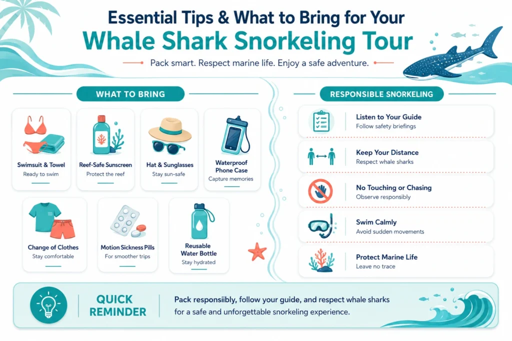 Minimalist infographic showing essential items to pack and responsible snorkeling tips for a whale shark tour in Cancún, with simple icons for gear, safety, and marine conservation.