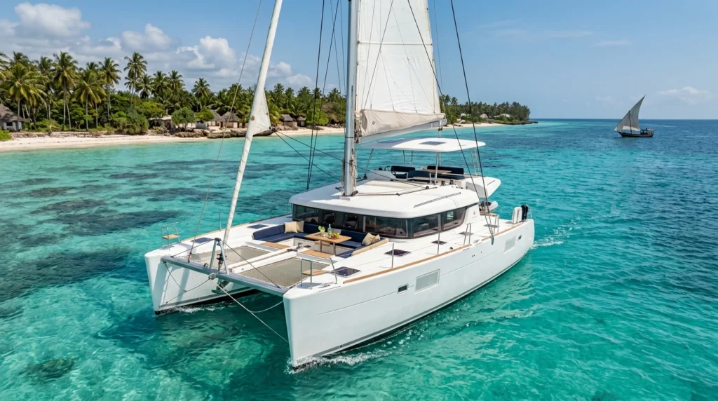 Full white catamaran floating on turquoise water off the Zanzibar coastline, offering the best beaches in Zanzibar by boat