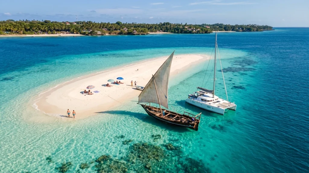 Aerial view of a white sandbank and traditional dhow sailboat in turquoise water, showcasing the best beaches in Zanzibar by boat