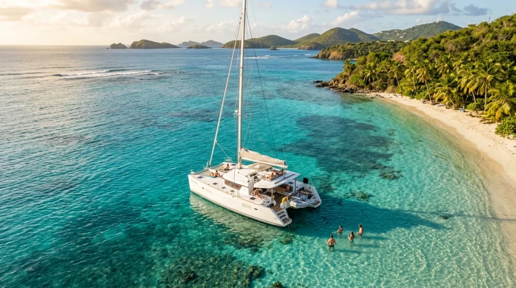 Aerial view of a luxury catamaran anchored in turquoise water near a secluded beach, showcasing the best private boat tours in Caribbean destinations