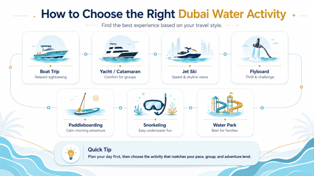 Minimalist infographic showing how to choose the right Dubai water activity, including boat trips, yachts, jet skis, flyboarding, paddleboarding, snorkeling, and water parks.