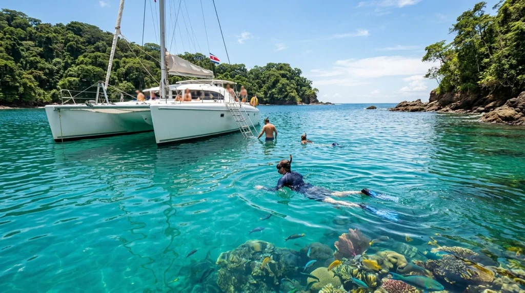 Travelers snorkeling in clear turquoise water near a catamaran during a Costa Rica catamaran snorkel tour.