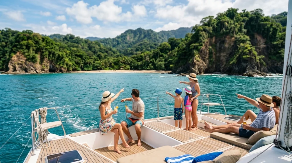 Travelers on a Costa Rica catamaran tour viewing coastal cliffs and a secluded beach along the Pacific coastline.