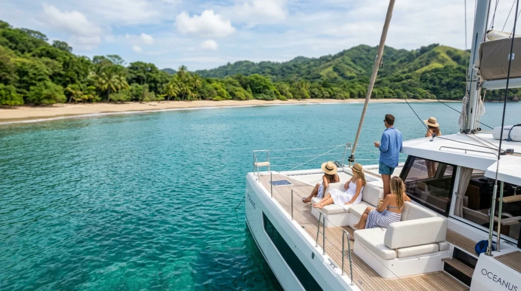 White luxury catamaran anchored near a scenic Guanacaste beach on a Costa Rica catamaran tour.