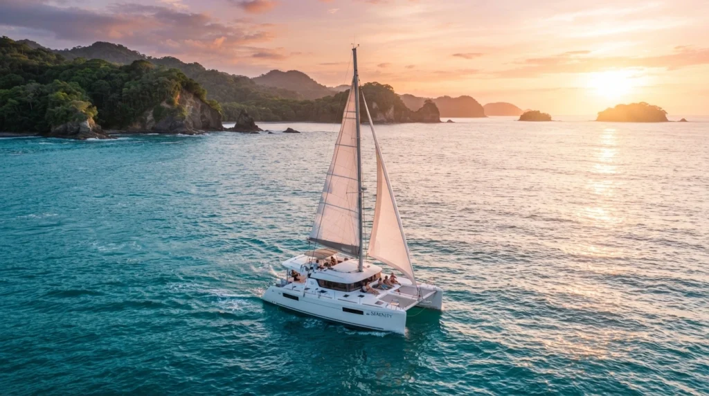 Luxury catamaran sailing at sunset on the Pacific Ocean during a Costa Rica catamaran tour, with tropical hills and cliffs in the background.