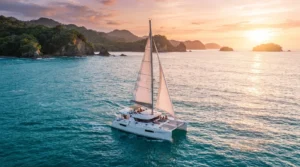 Luxury catamaran sailing at sunset on the Pacific Ocean during a Costa Rica catamaran tour, with tropical hills and cliffs in the background.