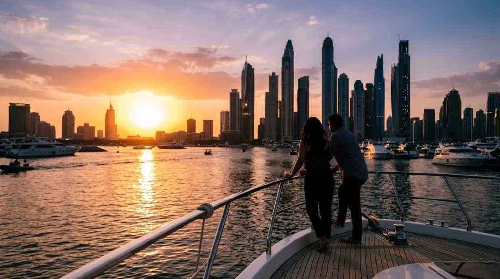 Dubai sunset cruise Marina with the sun setting over the skyline reflecting on calm water