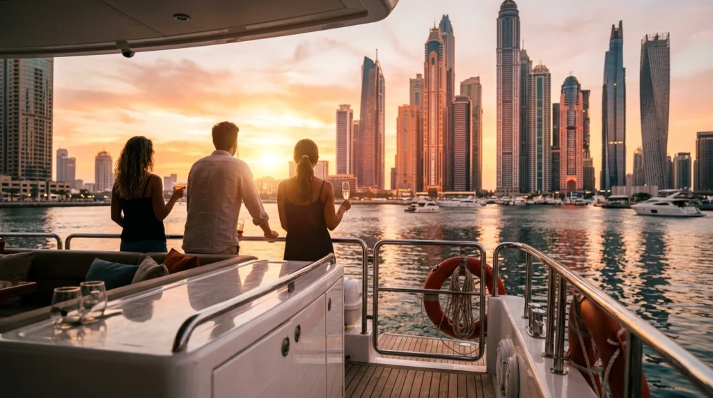 Dubai sunset cruise Marina view from a yacht deck with the marina skyline glowing at golden hour