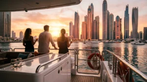 Dubai sunset cruise Marina view from a yacht deck with the marina skyline glowing at golden hour