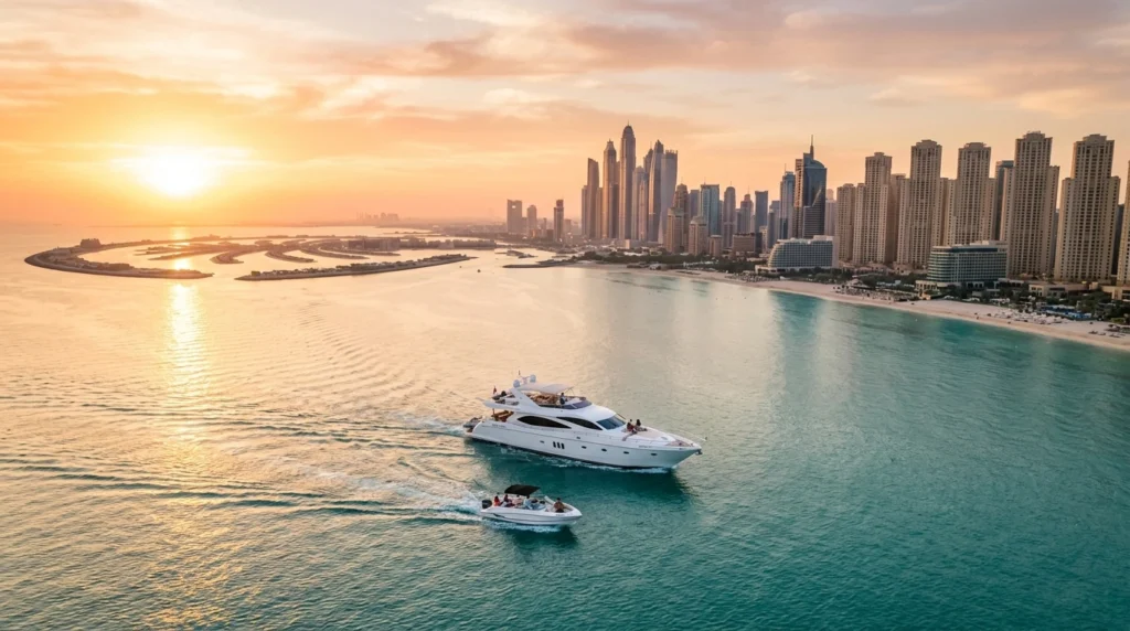 Things to do on water in Dubai — yacht and boat cruising past the Dubai Marina skyline at sunset