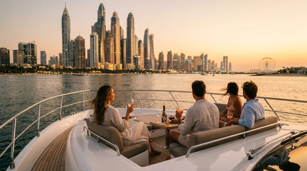 Travelers enjoying a yacht cruise with Dubai Marina skyline views at sunset