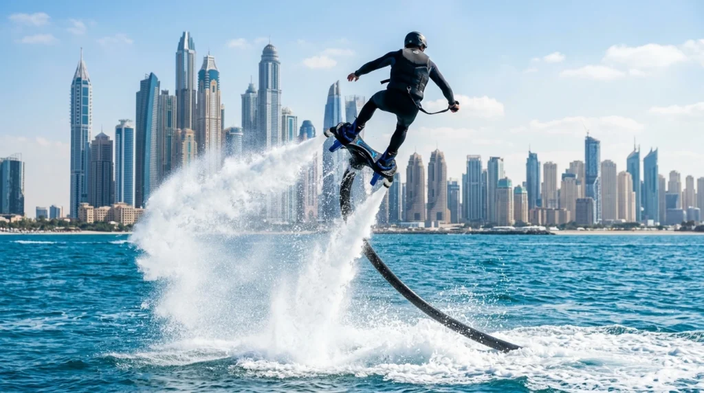 Person flyboarding above the sea with Dubai skyline in the background, a thrilling water sport activity in Dubai