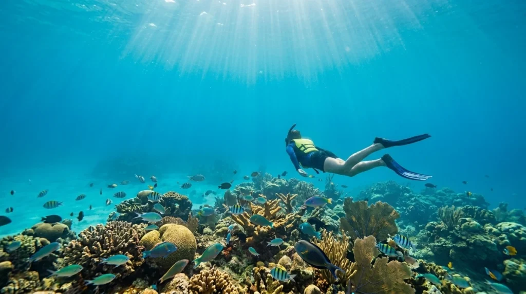 Snorkeler exploring a healthy coral reef with tropical fish during an Ocho Rios snorkeling tour in Jamaica's clear water.