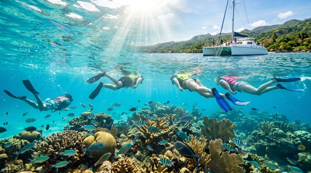 Snorkelers exploring a coral reef during an Ocho Rios snorkeling tour with a catamaran and Jamaica's coastline in the background.