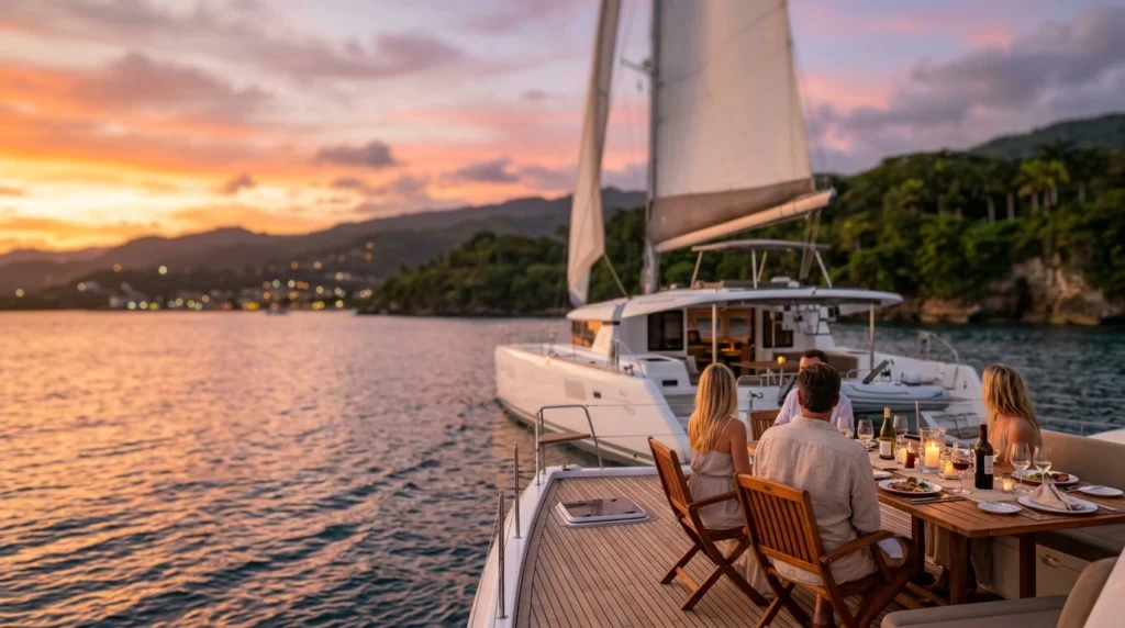 Catamaran sailing along the Ocho Rios coastline during a sunset dinner cruise in Jamaica.