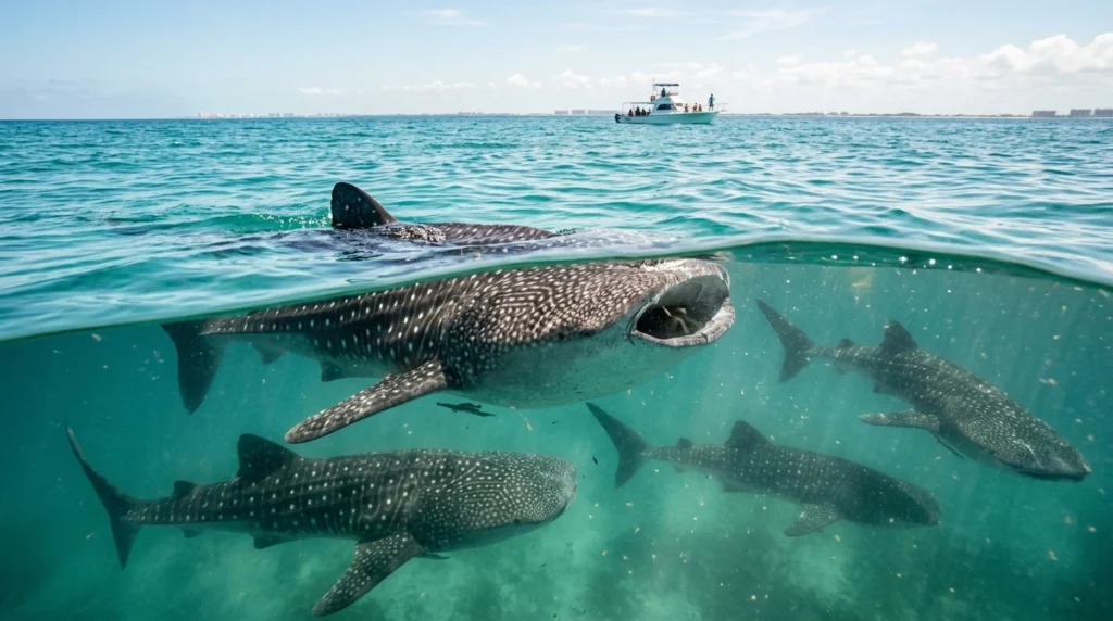 Whale sharks feeding near the surface during whale shark season in Cancún's Caribbean waters